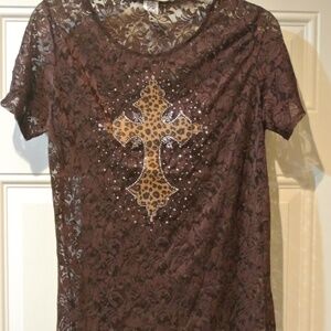 WOMENS L & B XL BROWN LACE TSHIRT WITH CHEETAH CROSS